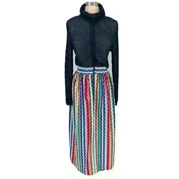 Vintage 1960's-70's Keyloun Dress Sheer Lace Top Bold Color Zigzag Striped Skirt - Picture 1 of 11